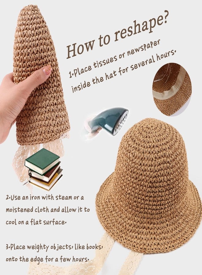 JANGANNSA Baby Girl Straw Hat Outdoor Baby Sun Protection Hats Summer Bowknot Beach Cap for Infant Toddler Girls(Lace Tie-Khaki,6-24 Months) - Image 5